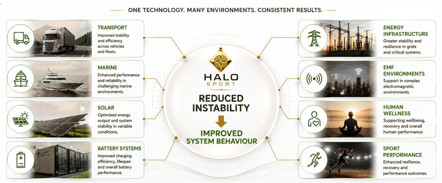 One technology, many environments — HALO Sport reduces instability across transport, marine, solar, battery systems, energy infrastructure, EMF environments, human wellness and sport performance.