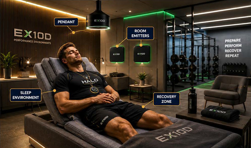 HALO Sport recovery room with pendant, room emitters, sleep environment and recovery zone
